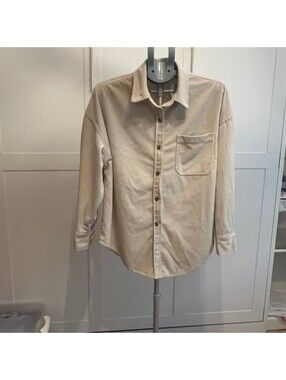 Woman's Beige Corduroy Button-Up Shirt with Chest Pocket, Size Measured